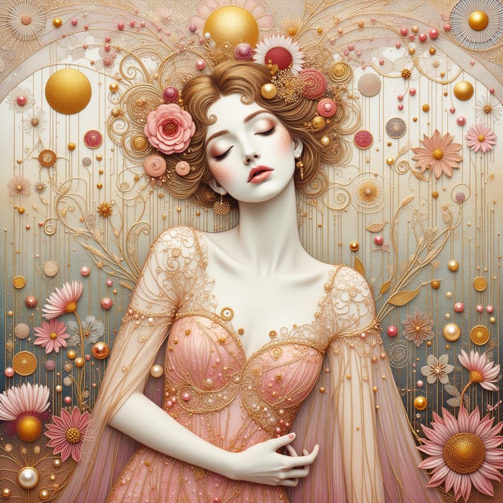 Goddess in Klimt's Art Nouveau Style, Surrounded by Whimsica...