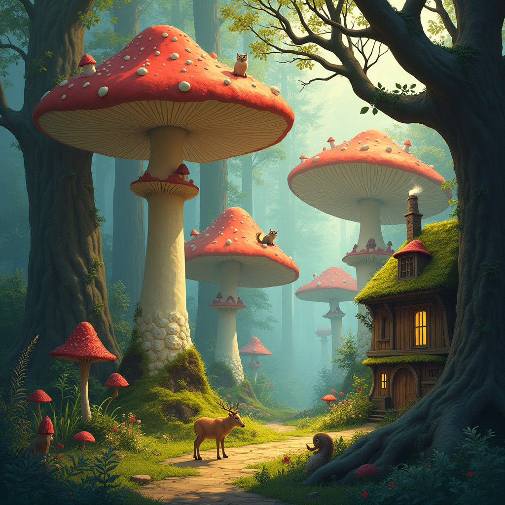 Enchanted Forest with Giant Mushrooms and Cottage