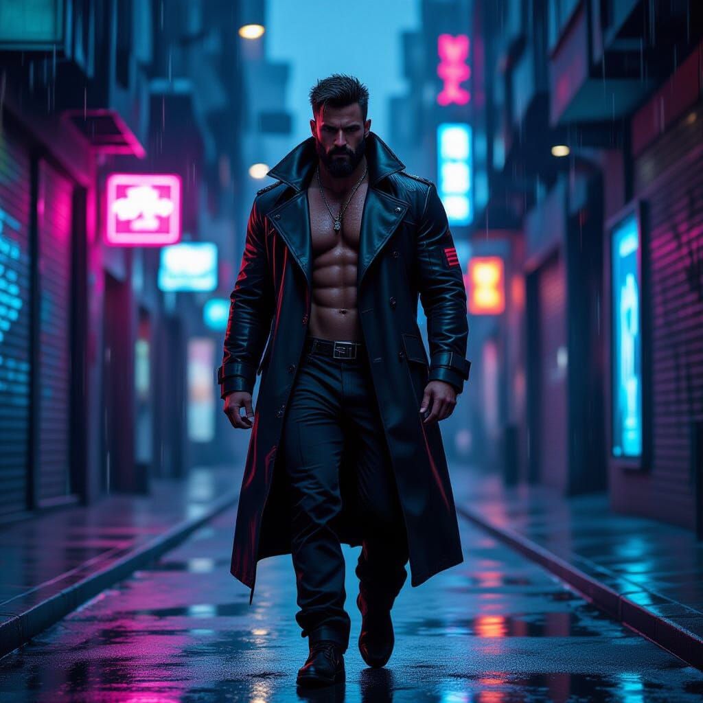 Cyberpunk Man in Neon Alleyway