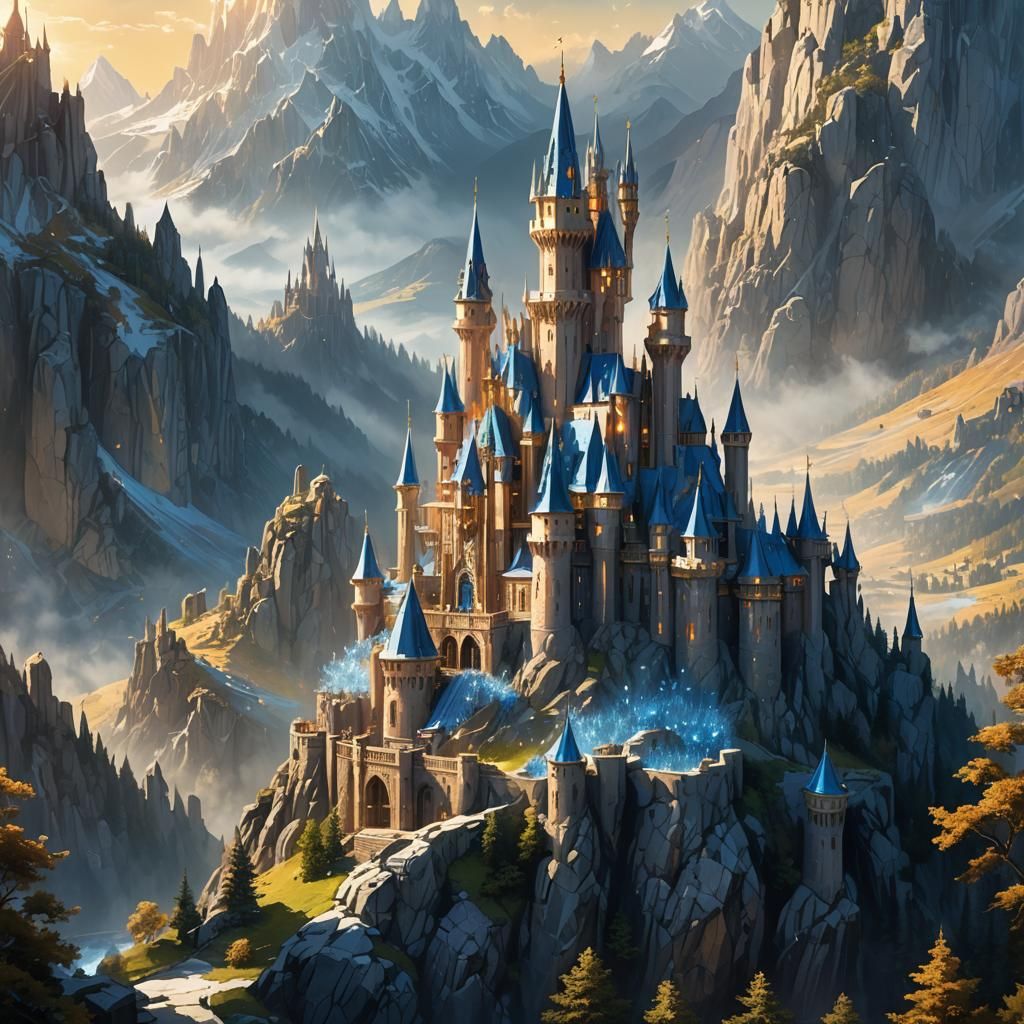Crystal Castle on Hilltop in Art Nouveau Style