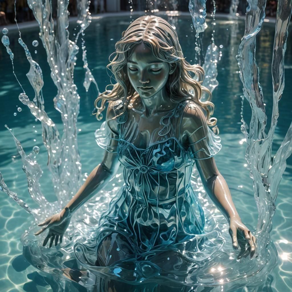 Luminous Blue Water Sculpture of a Girl