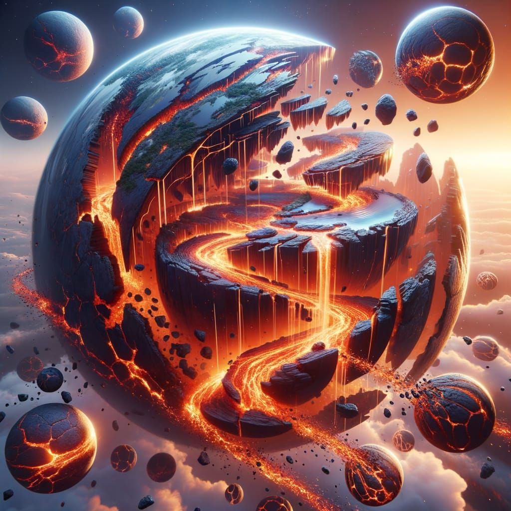 Floating Islands Orbit Shattered Planet with Lava Rivers