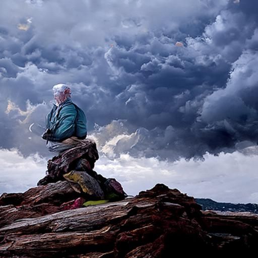 Old Man on Cliffside in Stormy Weather