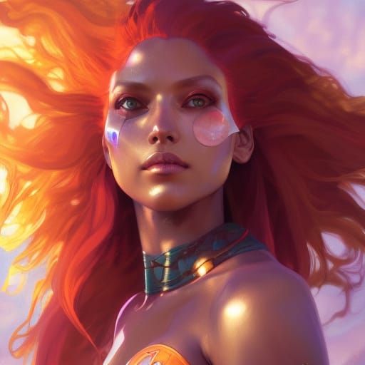 Dynamic Starfire Portrait in Art Nouveau Style