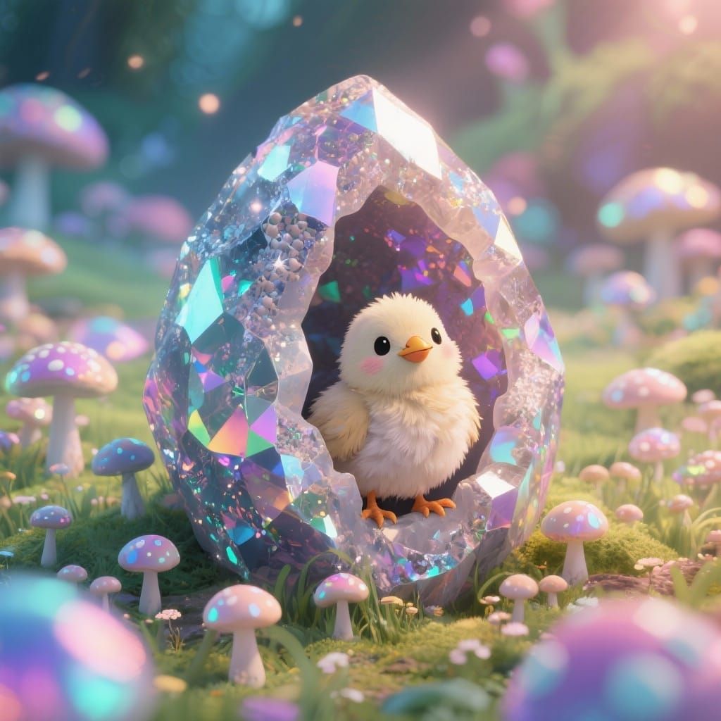 Chick Hatching From Geode in Anime Style
