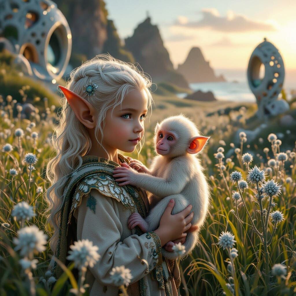Elven Child with Monkey in Surreal Fractal Field