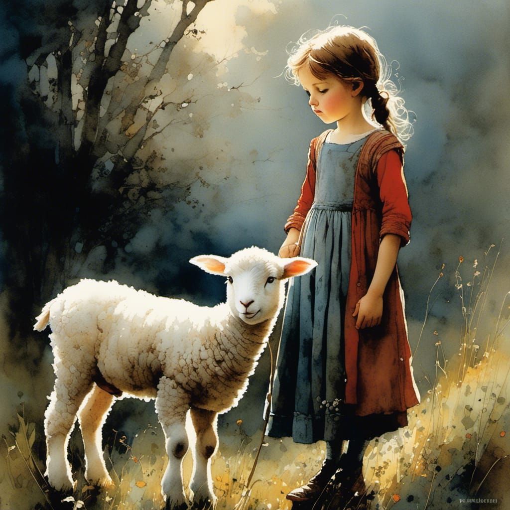 Idyllic Scene of a Young Girl and Lamb in Morning Light