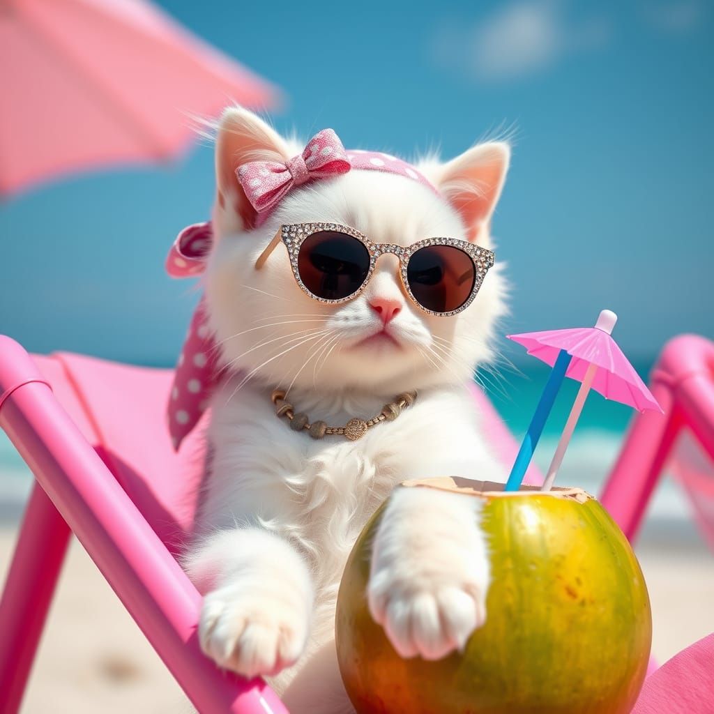 A white kitten, the main subject, is centered in a full body shot. It wears a pink glittery polka dot headscarf with a b...