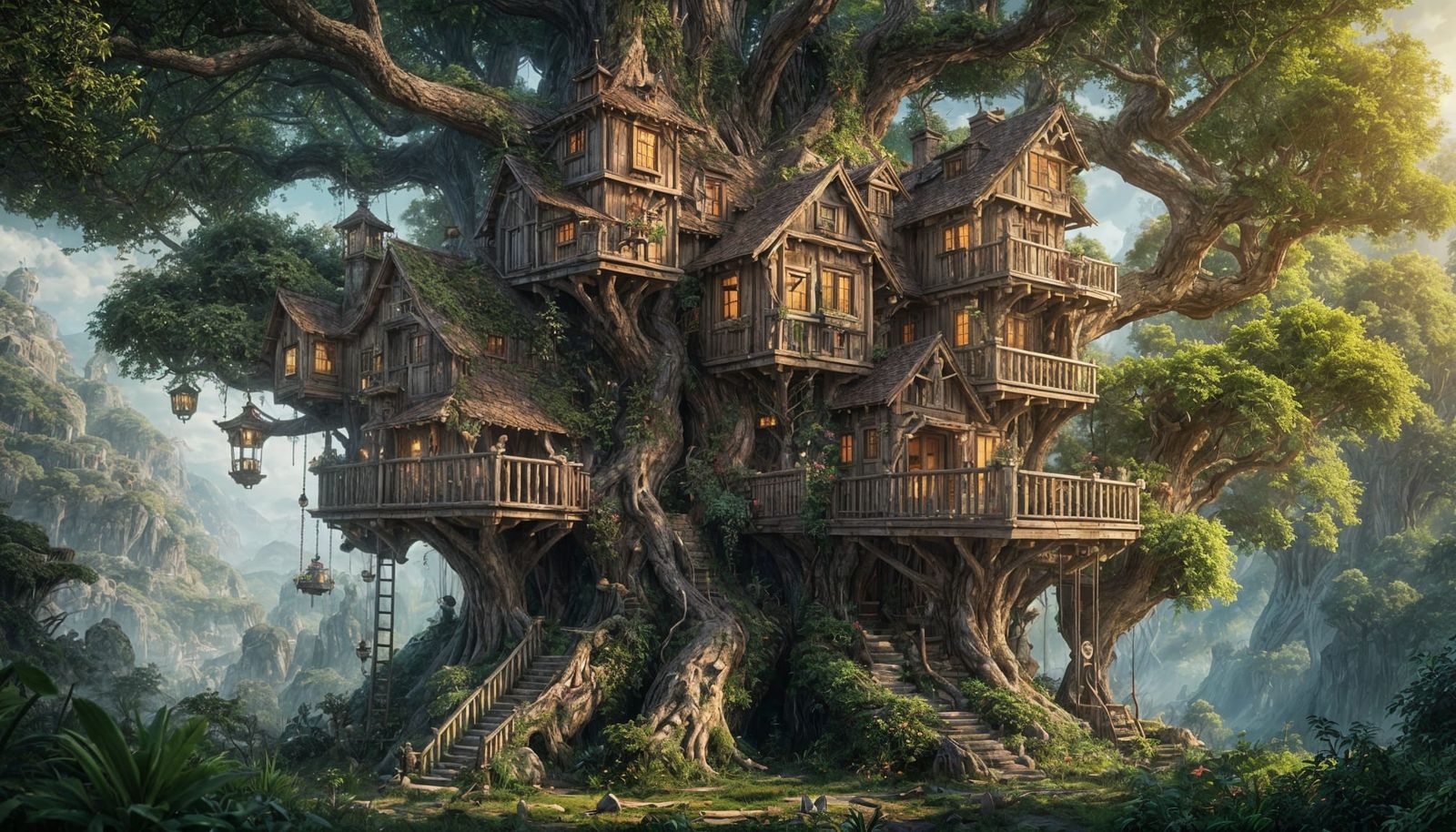 Detailed Treehouse in Deep Forest: Fantasy Concept Art