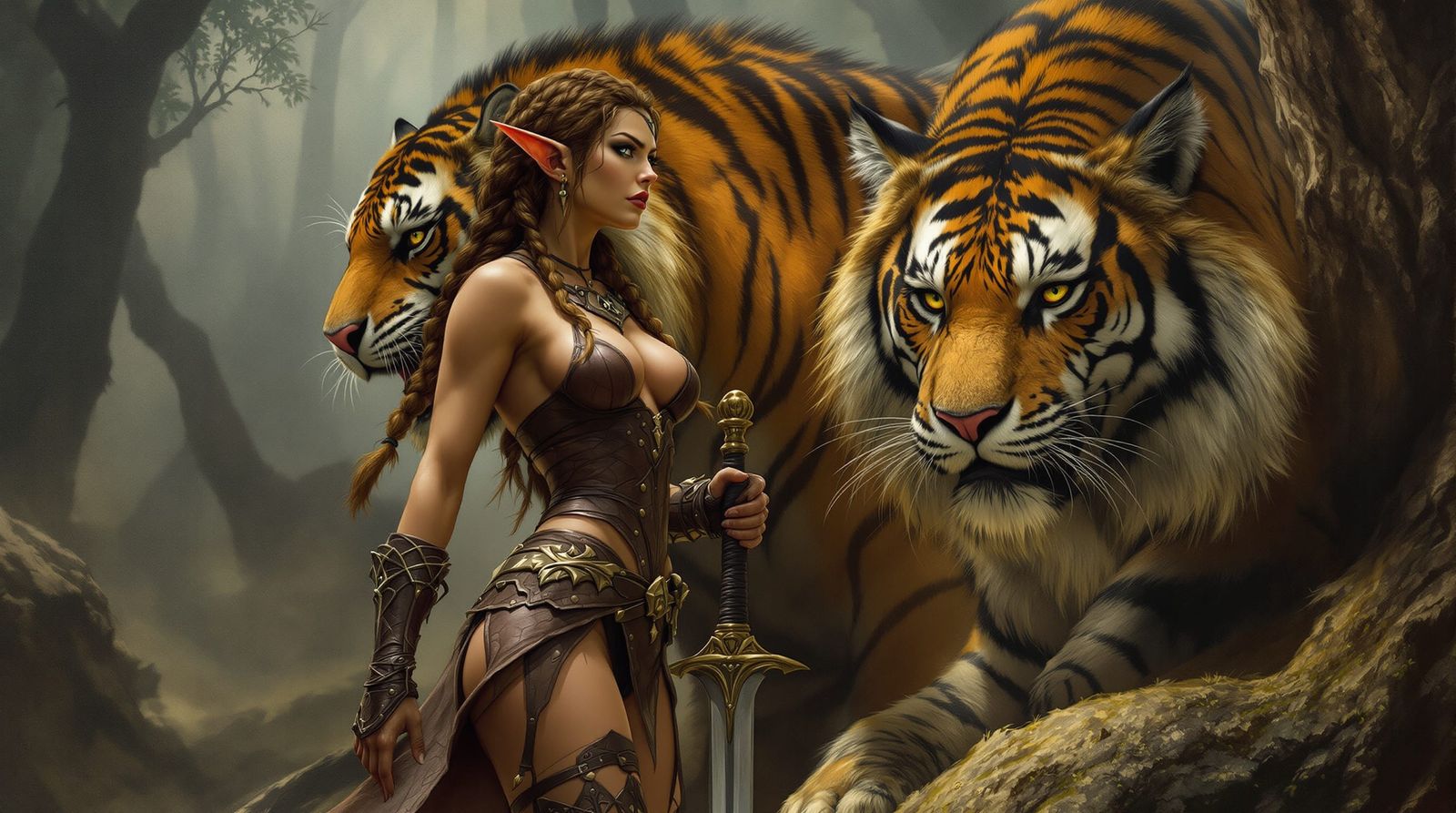 Warrior Elf Woman with Tiger in Dark Fantasy Realm