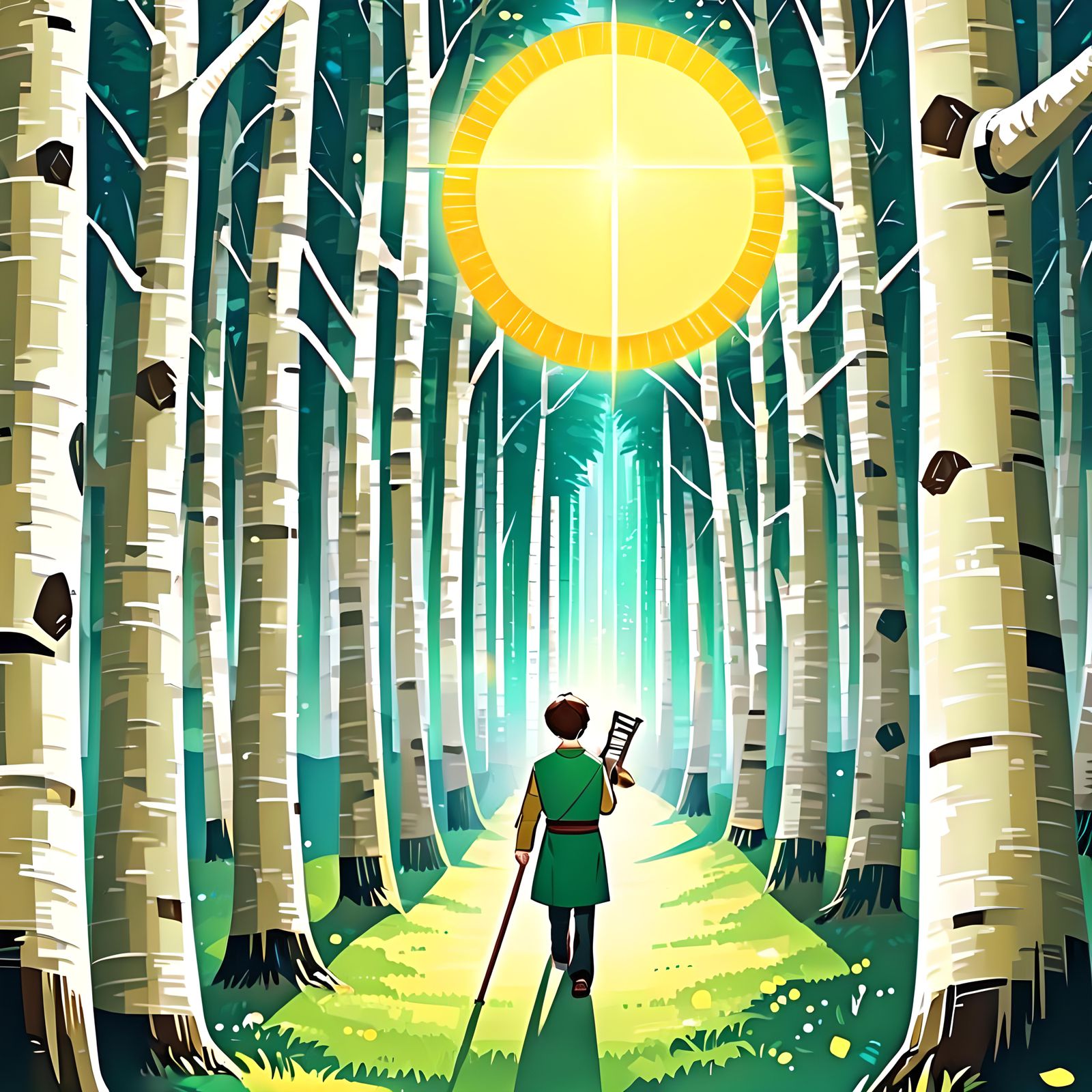 Anime Man in Birch Forest at Noon