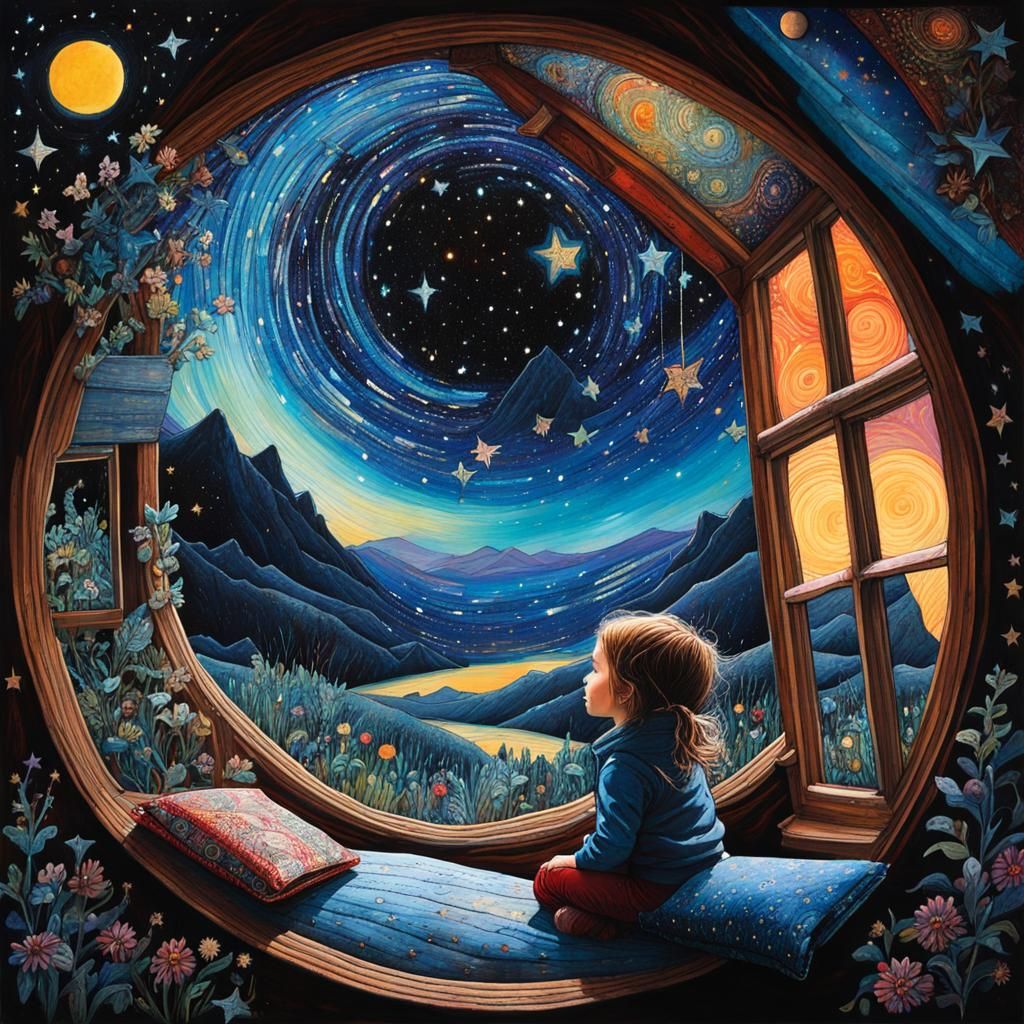 Attic Window View of Starry Sky in Art Brut Style