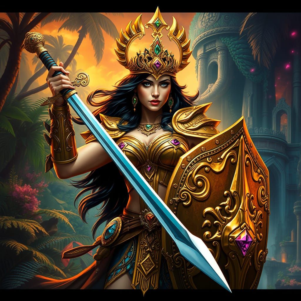 Latina Warrior Princess in Vibrant Tropical Fantasy