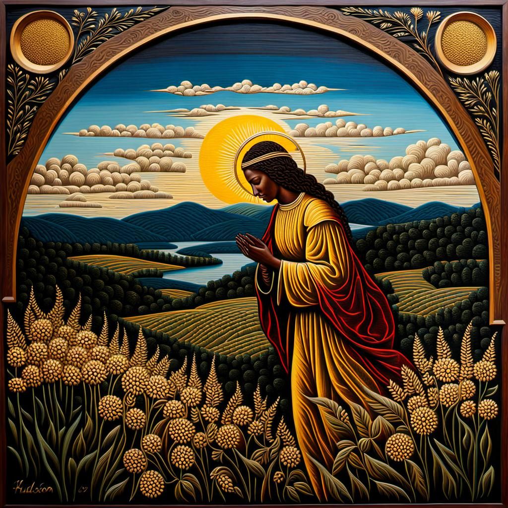 Saint of Bees in Meadow, Modern Oil Painting