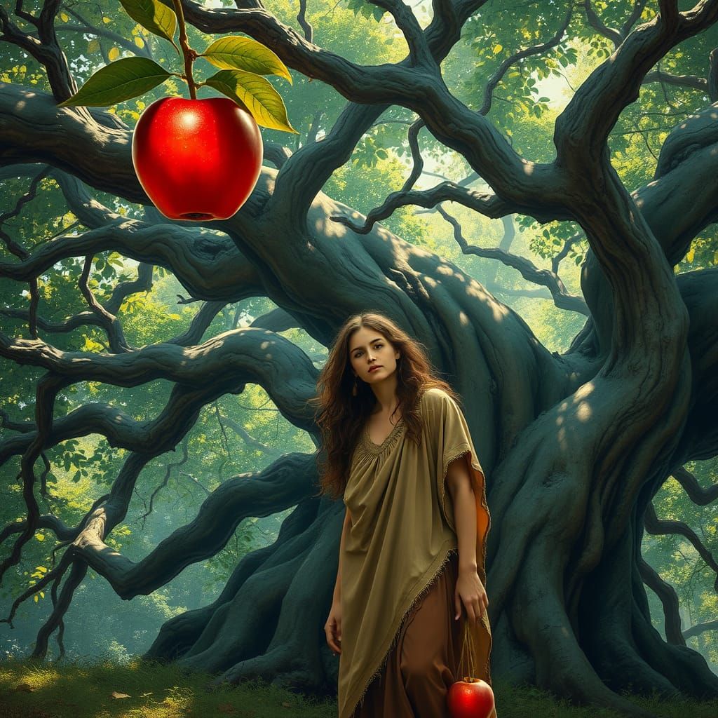 Eve in Dreamlike Landscape with Symbolic Tree and Apple