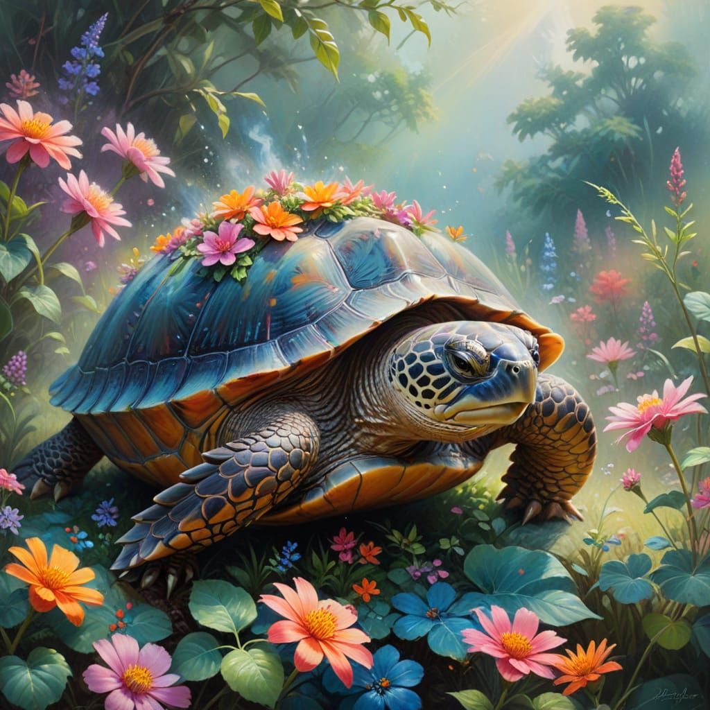 Impressionist Turtle with Mystical Flowers