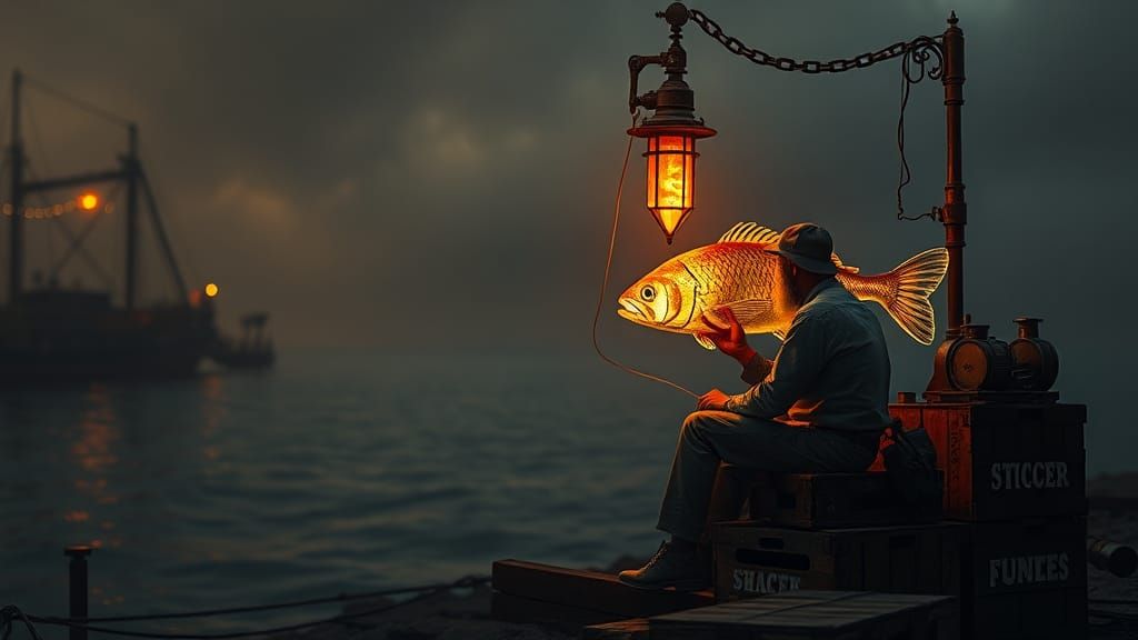 Steampunk Iron Man Fishing for Glowing Fish