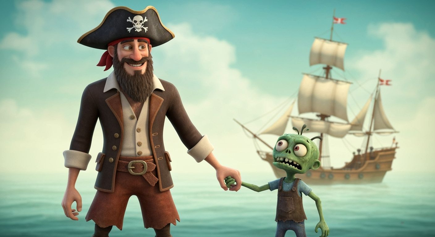 Friendly Pirate Leads Kid Zombie on Adventure
