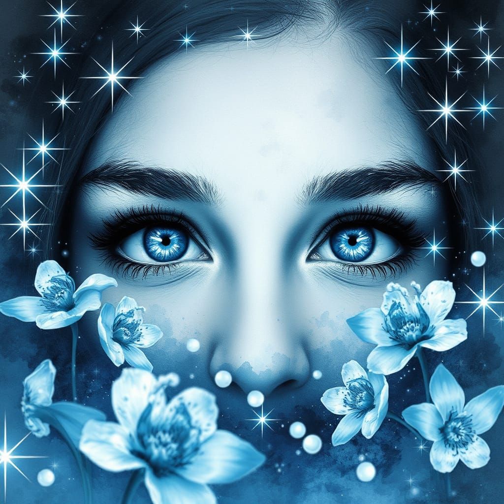 Sparkling Blue Eyes with Watercolor Splash Art