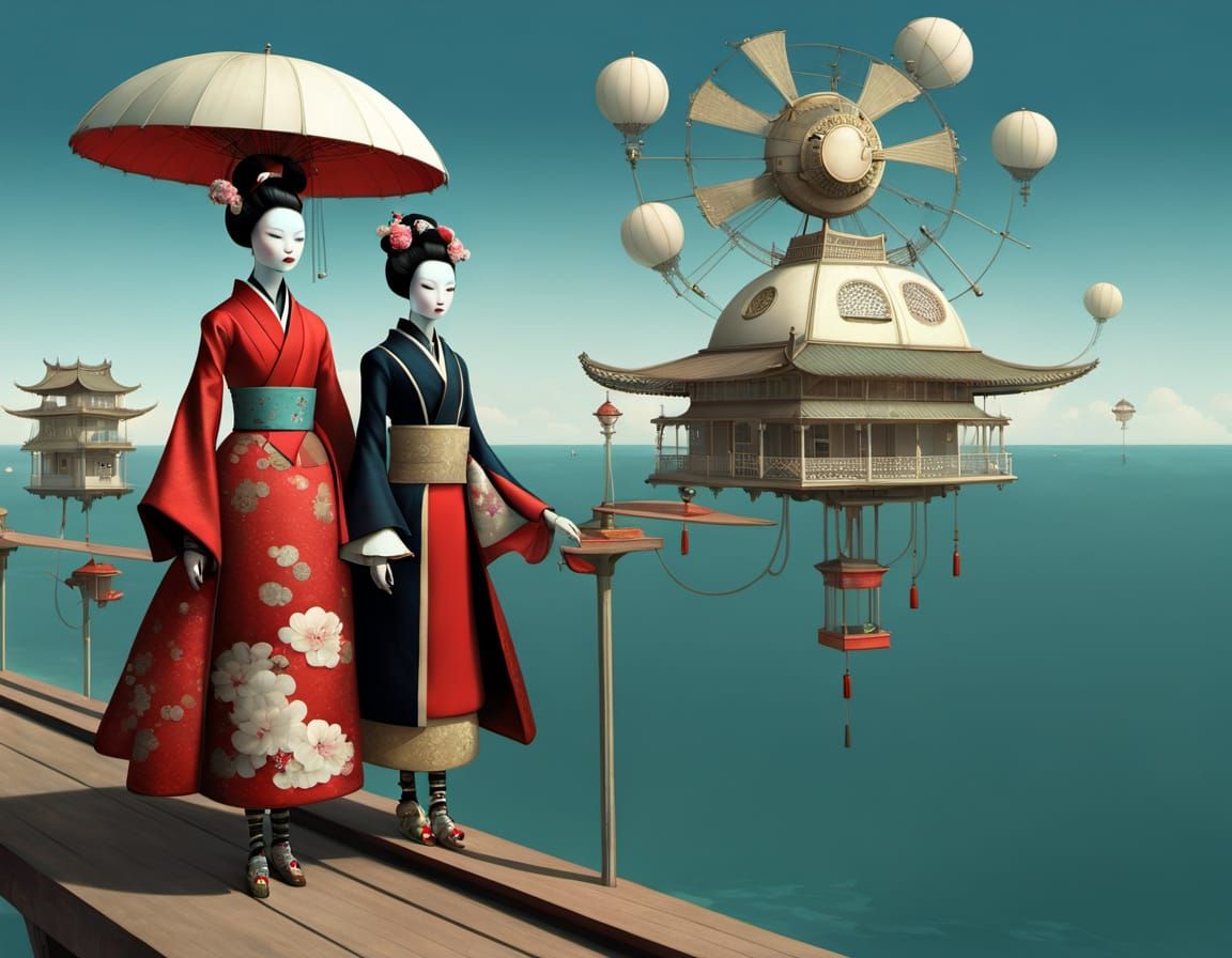Surreal Geisha Robots on a Seaside Promenade