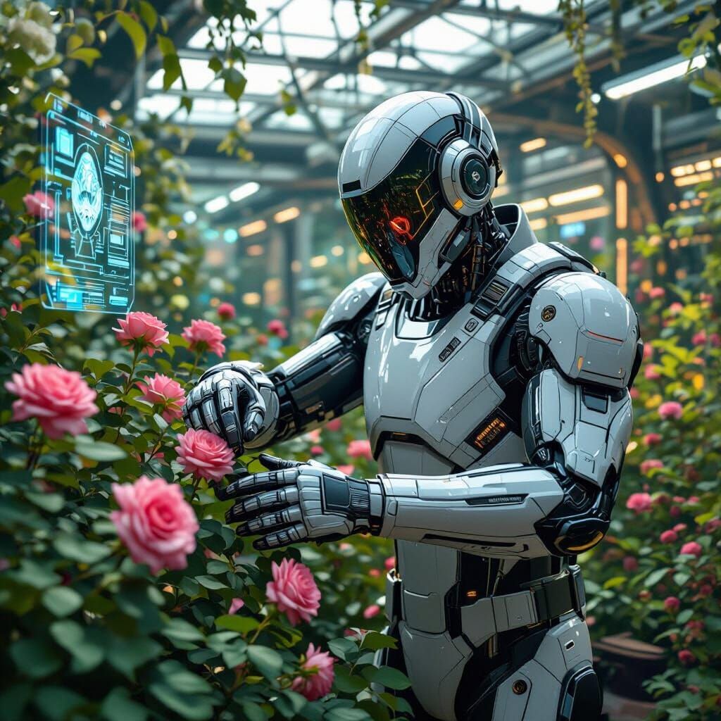 Cyborg Gardener Pruning Roses in Futuristic Greenhouse