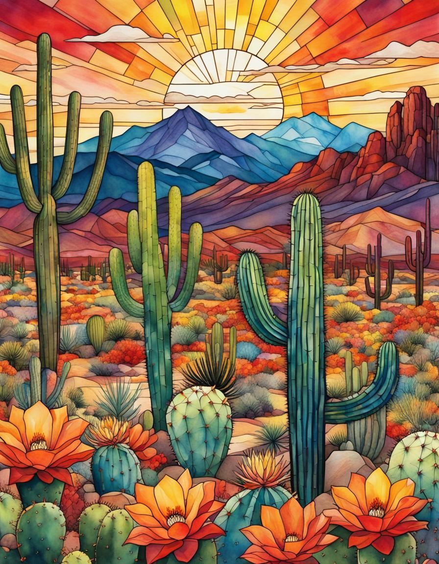 Vibrant Desert Landscape in Stained Glass Watercolor