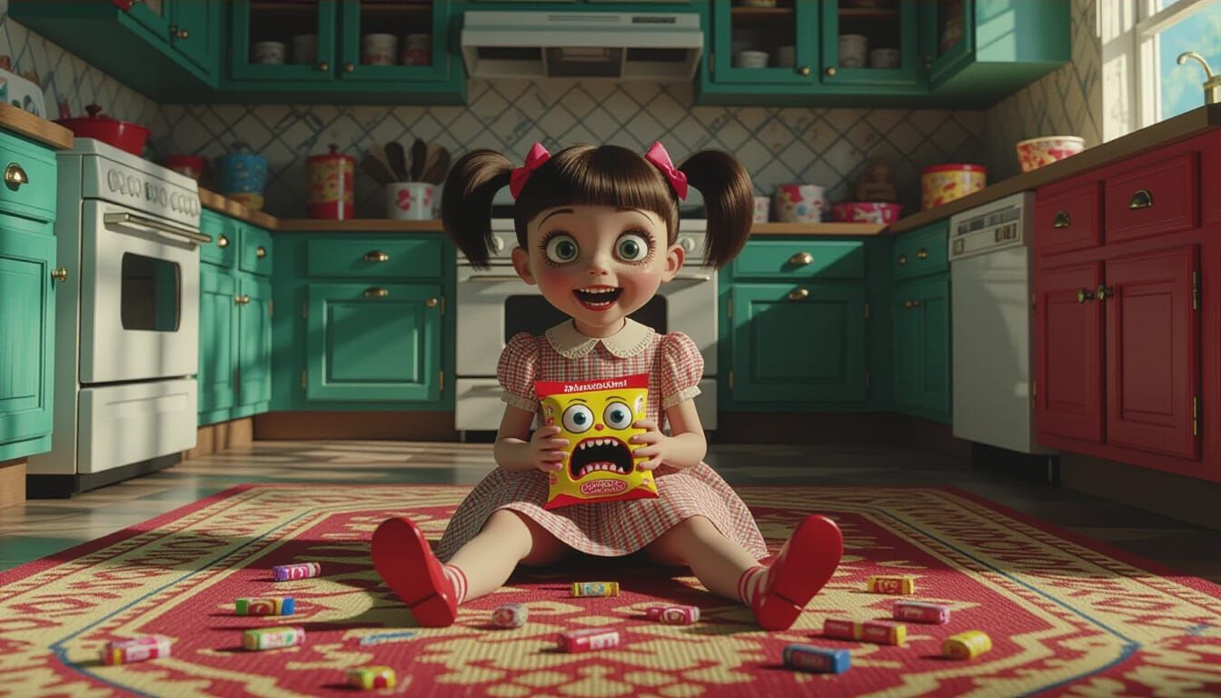 Eerie Girl with Sentient Candy in Psychedelic Kitchen