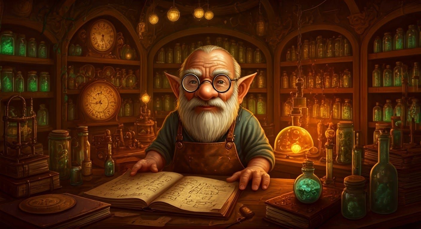 Gnome Inventor in Whimsical Workshop