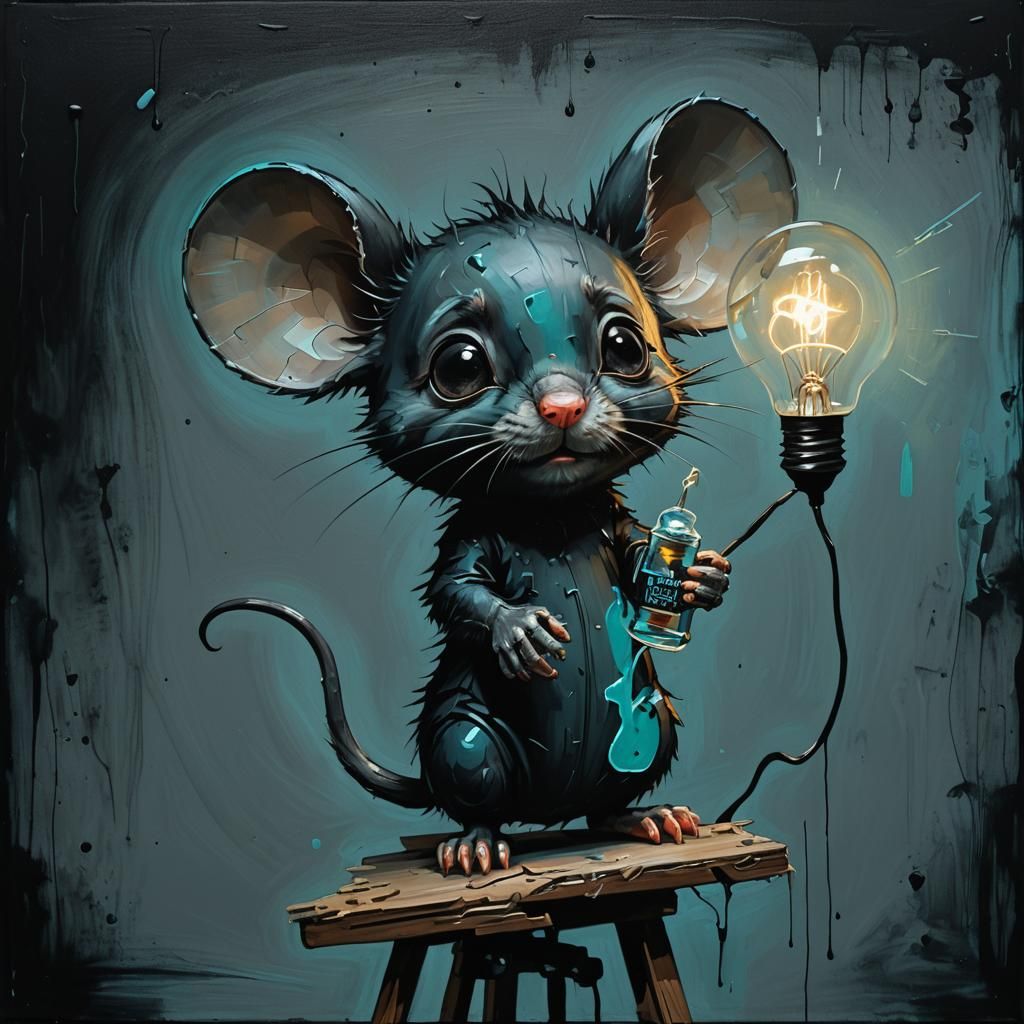 Chibi Mouse and Lightbulb Painting in Grunge Style