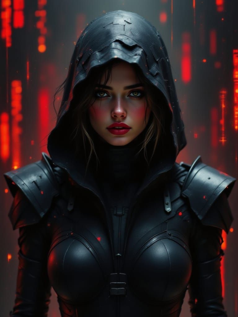 Cybernetic Humanoid in Digital Void with Crimson Code