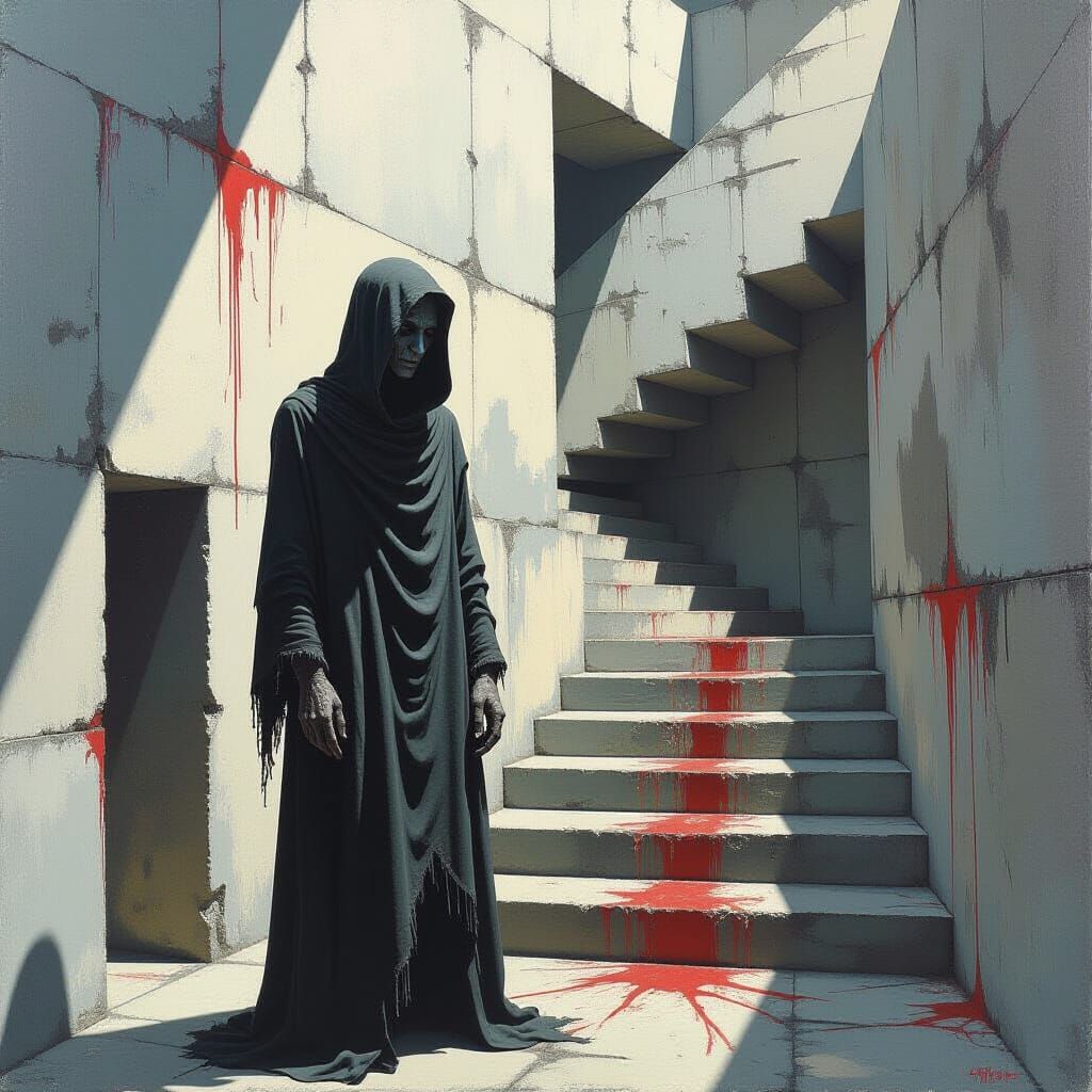 Dual Faced Figure in Brutalist Labyrinth, Dark Art