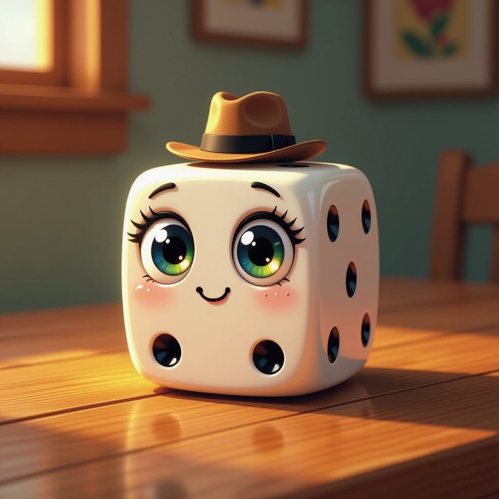 Cartoon Dice with Eyes and Hat on Table