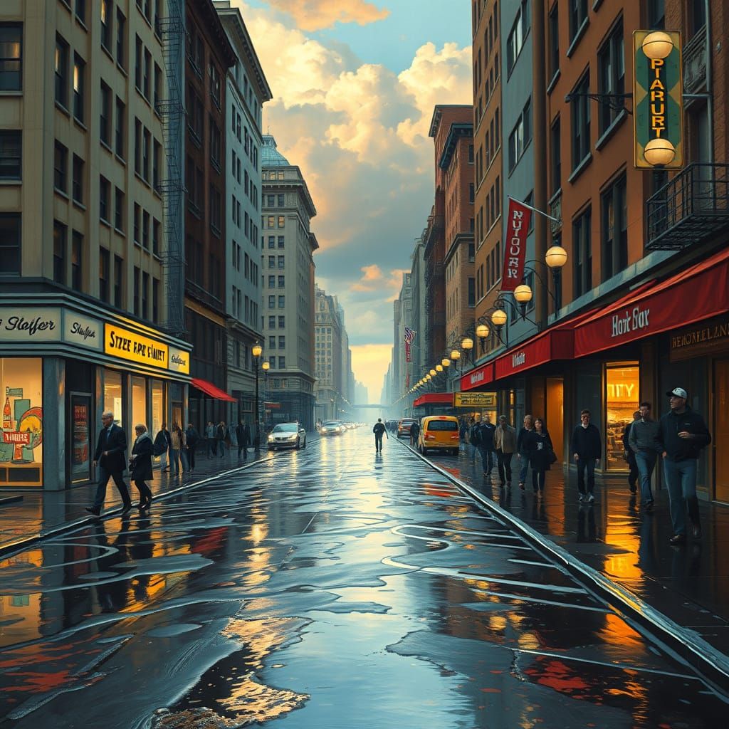 Rainy City Streets in Hyperrealistic Art