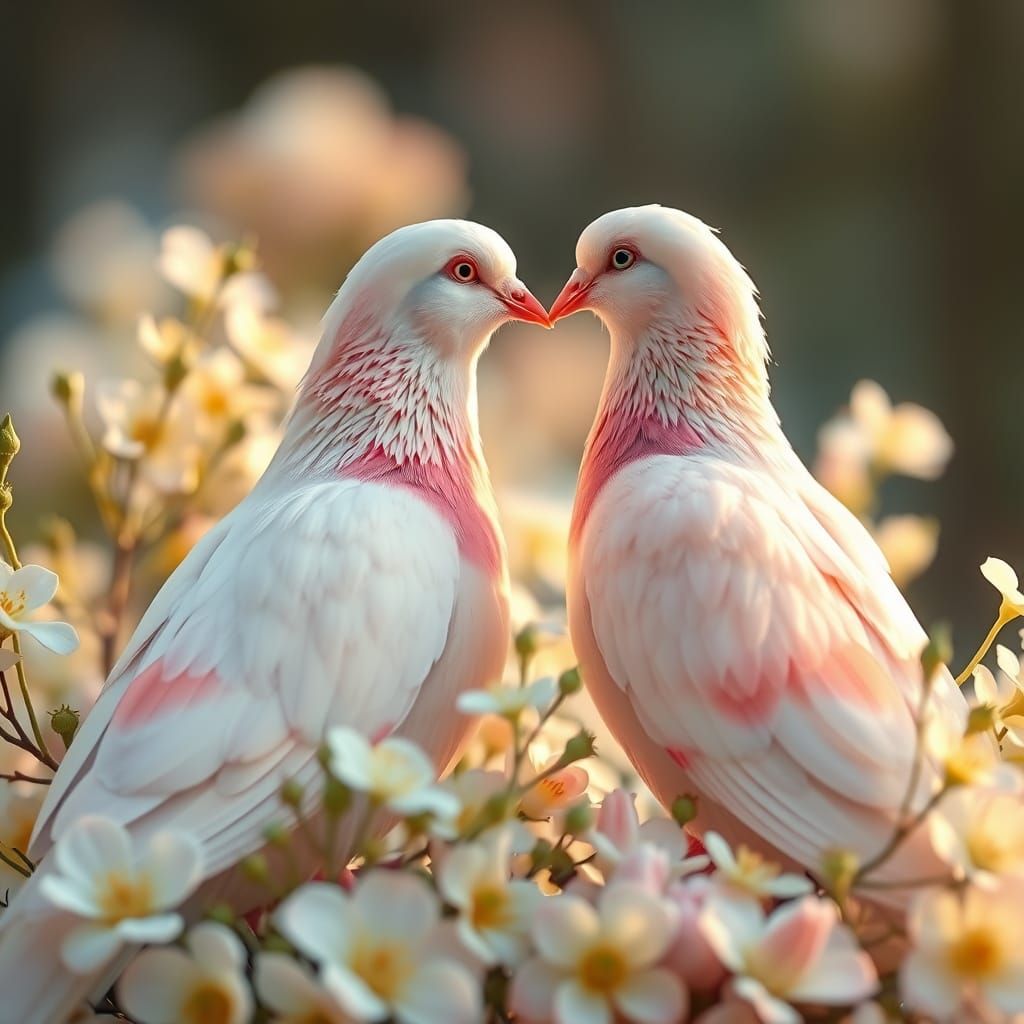Luminous Pigeon Couple in Spring Blooms