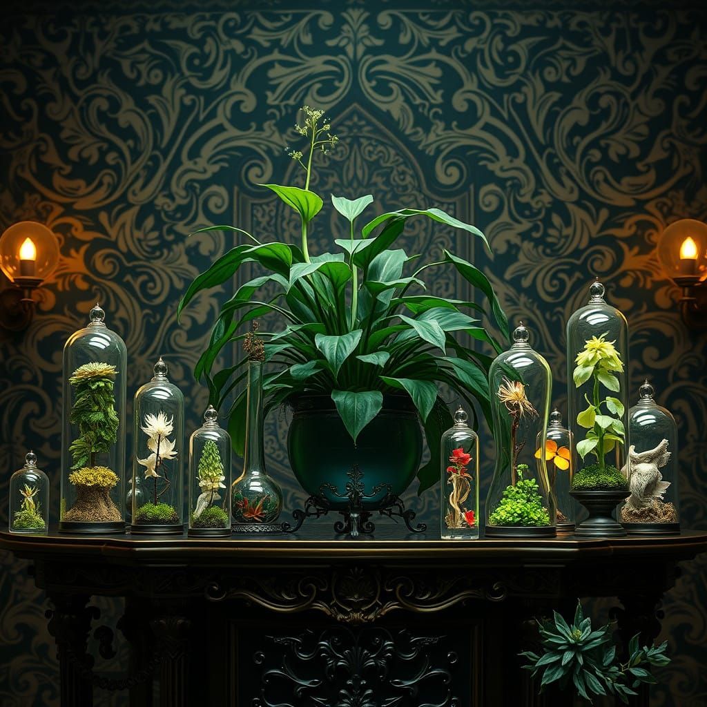 Dark Academia Botanical Scene in Victorian Elegance