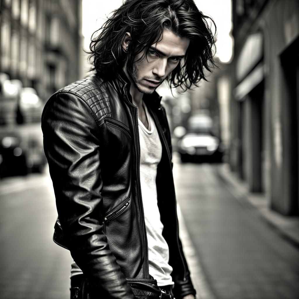 Hyperrealistic Young Man in Black Leather on Dark Street