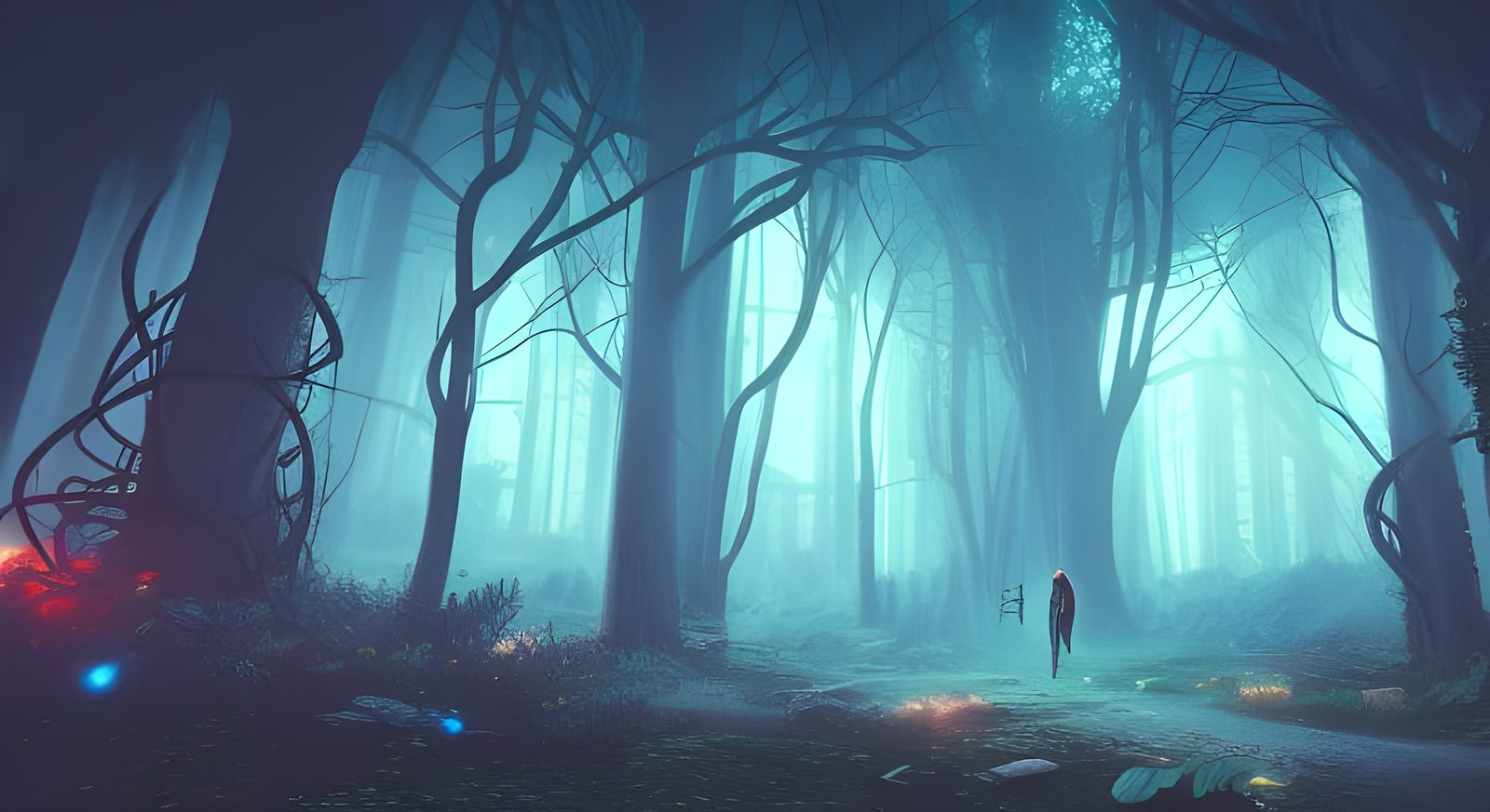 Greek Temple in Enchanted Cyberpunk Woods