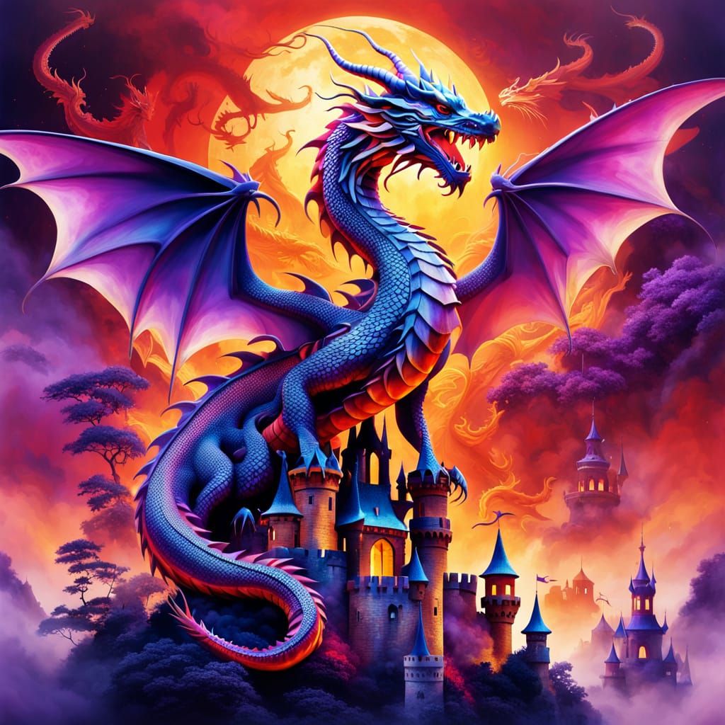 Vibrant Dragon Double Exposure in Airbrush Style