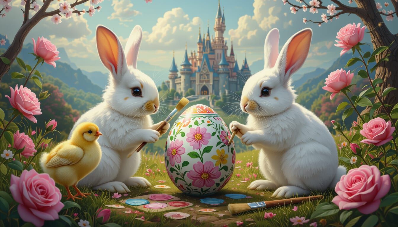 Rabbits and Chick Painting Easter Egg in Fantasy Landscape