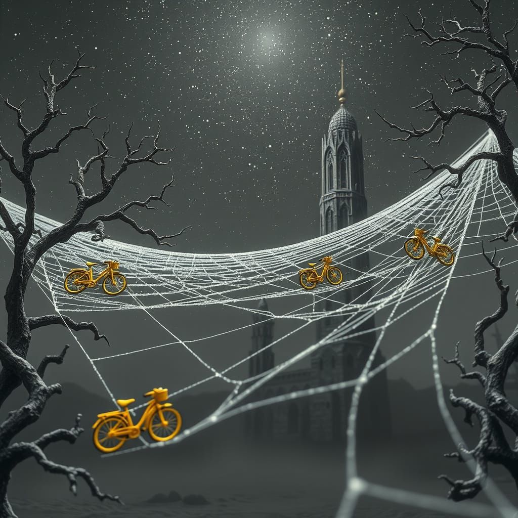 Golden Bicycles on Glimmering Spiderweb in Dreamlike Desert