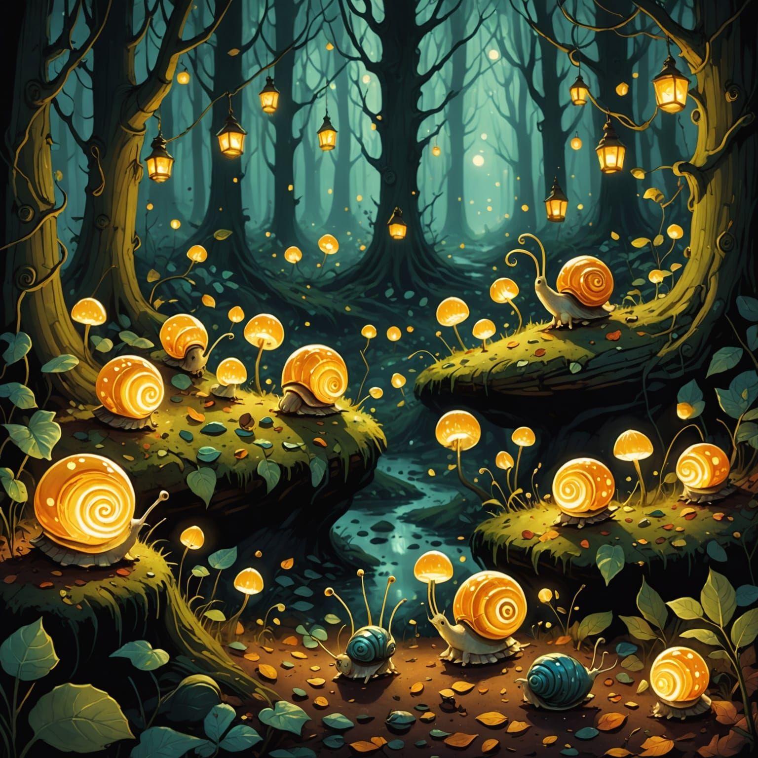 Magical Sprites Ride Snails Through Enchanted Forest