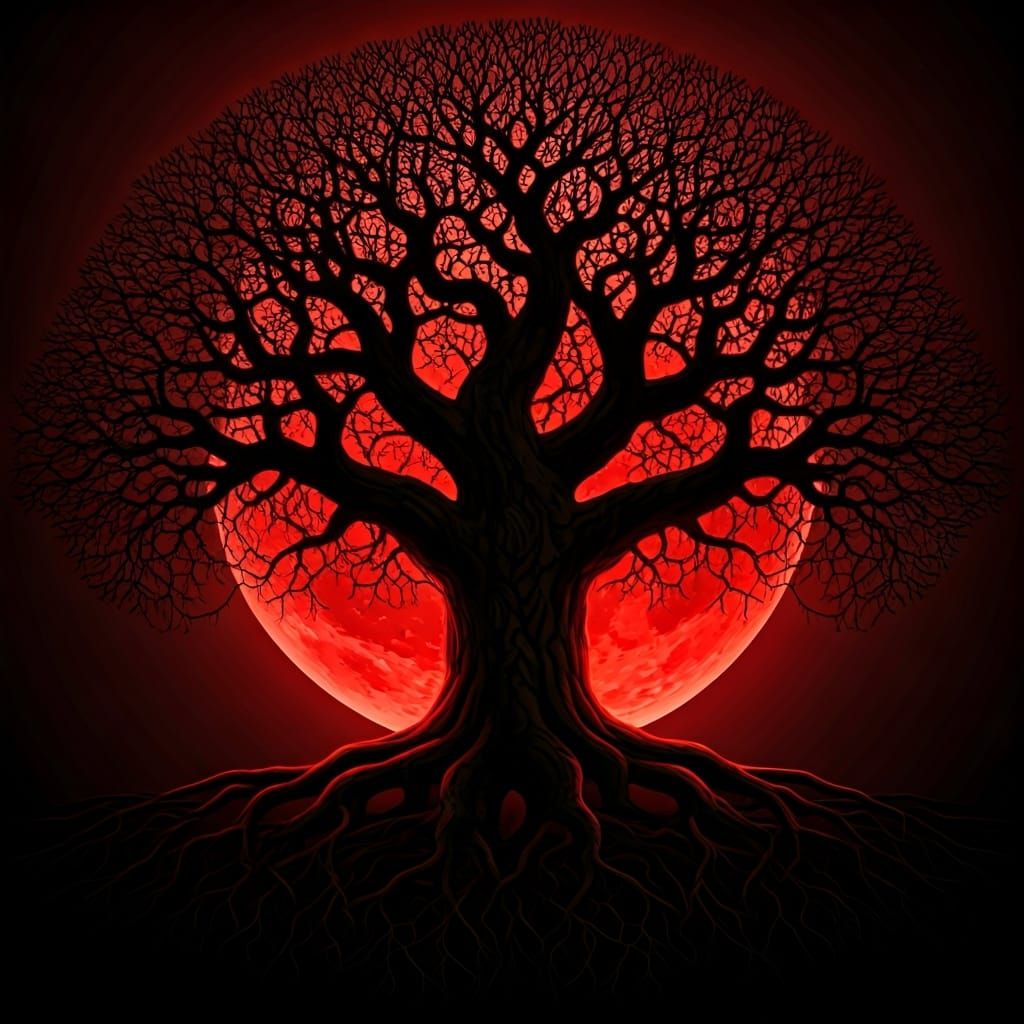 Yggdrasil Silhouette with Blood-Red Moon