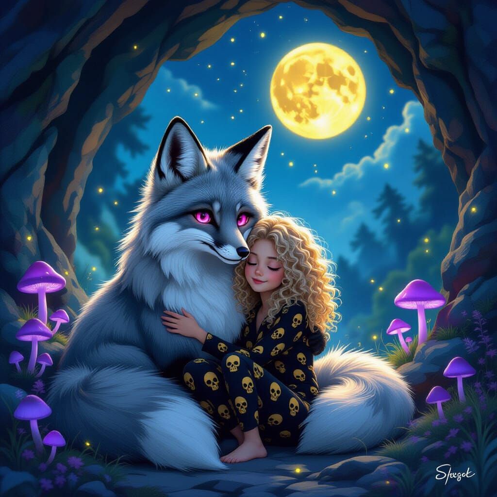 Giant Fox with Girl in Mystical Cave Fantasy Art