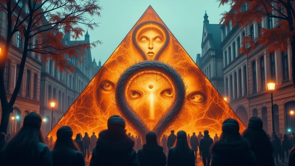 Ethereal Pyramid Sculpture in Autumn Town Square