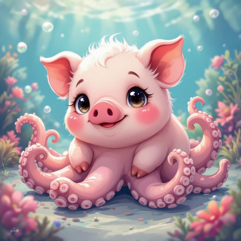 Adorable Pig-Octopus Hybrid in Anime Manga Style