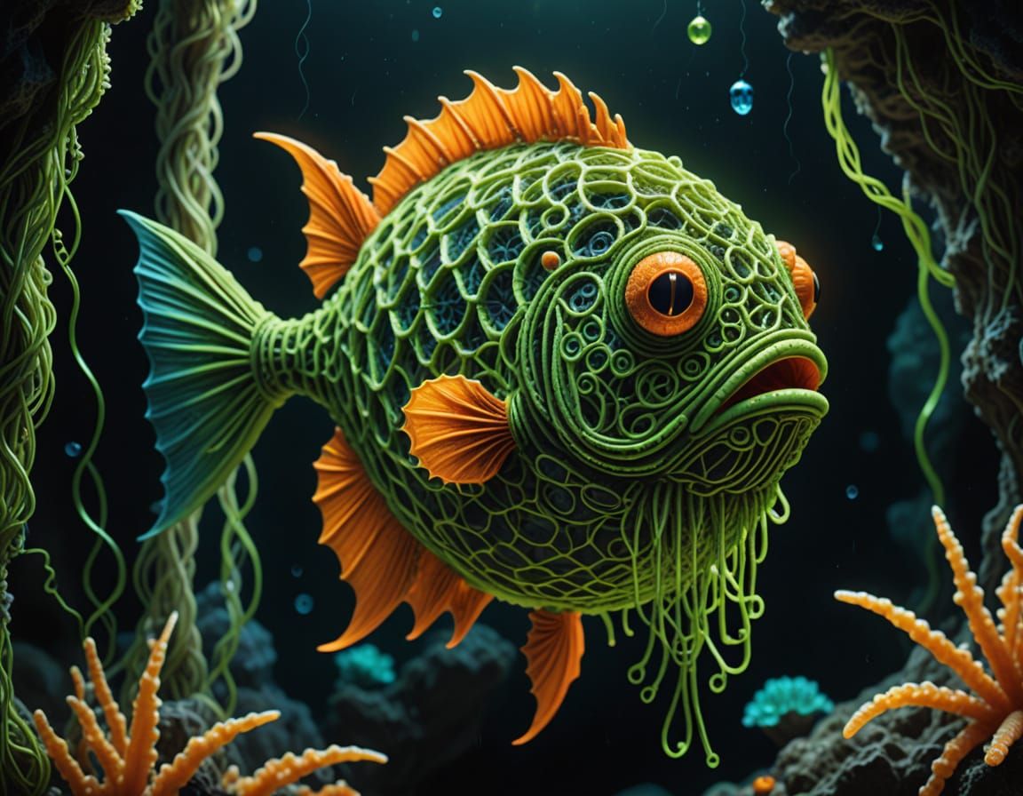 Bioluminescent Macrame Anglerfish in Surreal Grotto