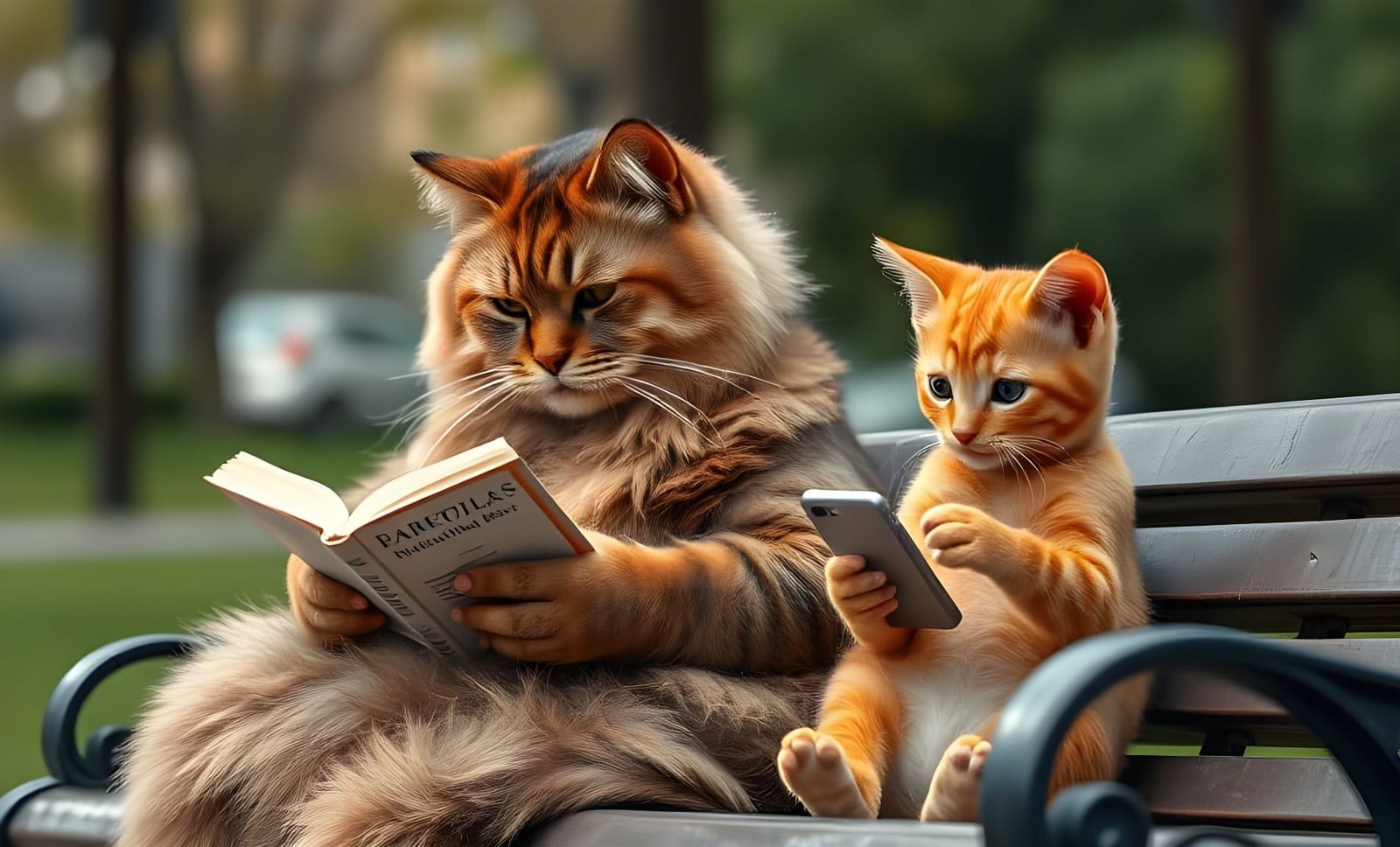 Anthropomorphic Cats on Bench: Natural Light Photography