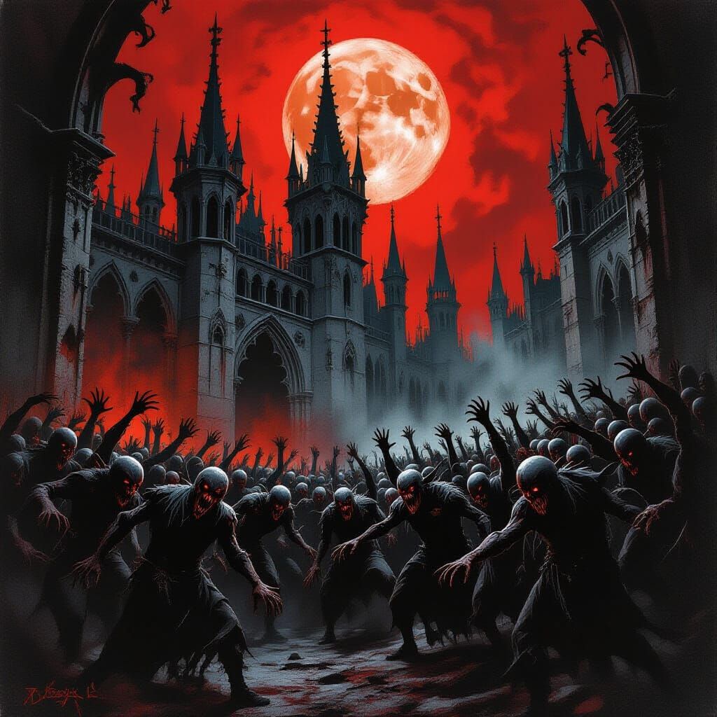 Demonic Horde Revelry in Decaying Gothic Castle