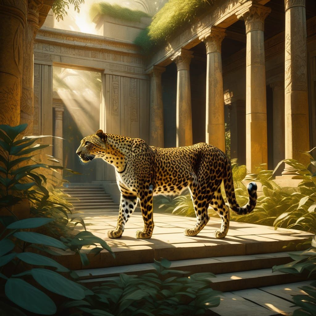Majestic Leopard in Overgrown Temple Garden