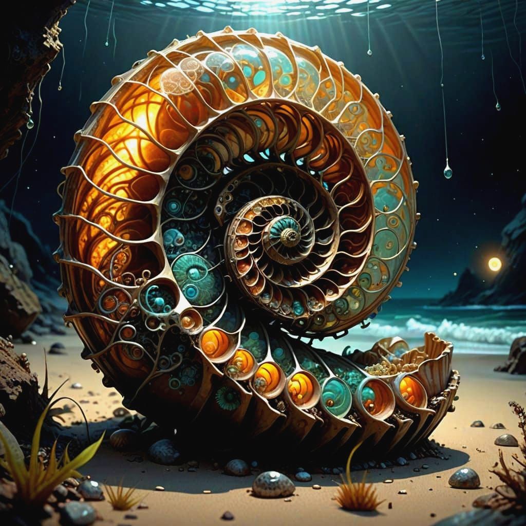 Glowing Iridescent Ammonite in Photorealistic Detail